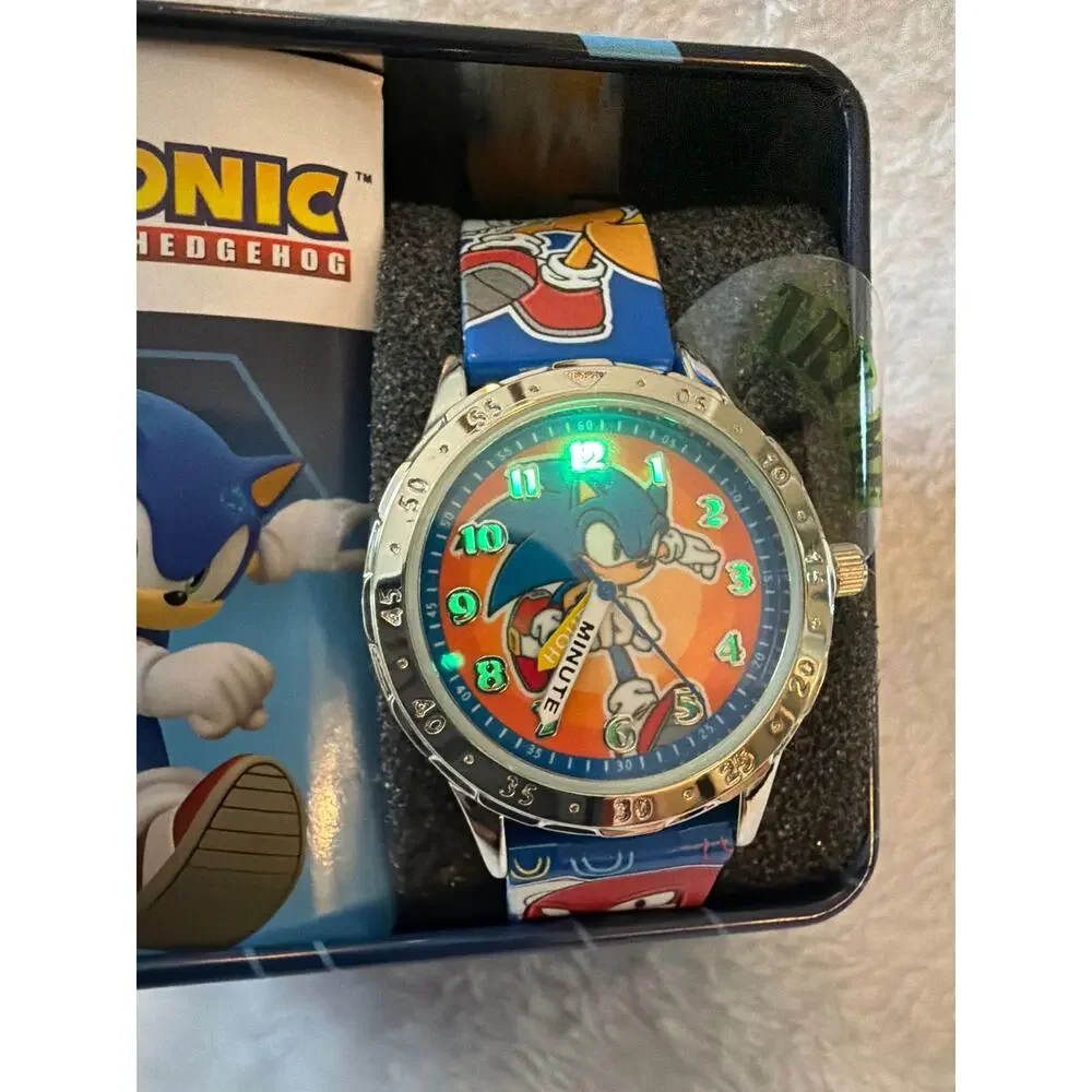 SEGA Sonic The Hedgehog Kids Wrist Watch Lighted Blue Band w/ Tin Accutime NEW